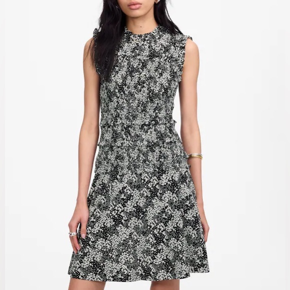 MADEWELL Smocked Crewneck Mini Dress in Floral Harper Floral Black White - Picture 2 of 11